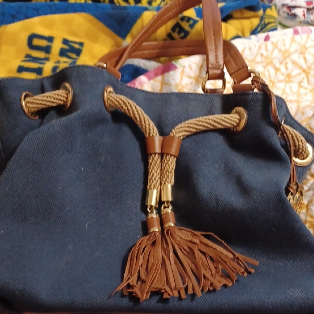 Blue and Brown Canvas Shoulder Bag with Rustic Tassel